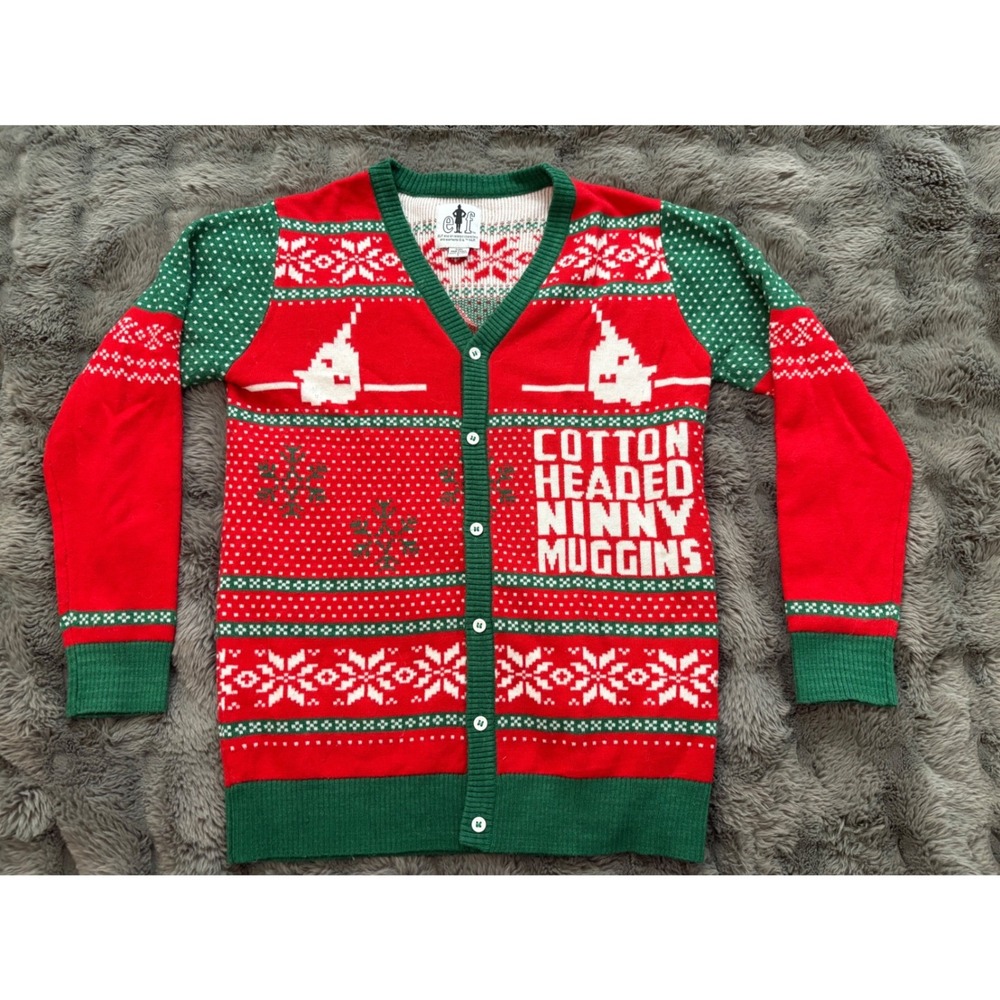 ELF Movie Cotton Headed Ninny Muggins Ugly Christmas Sweater Cardigan Men's S